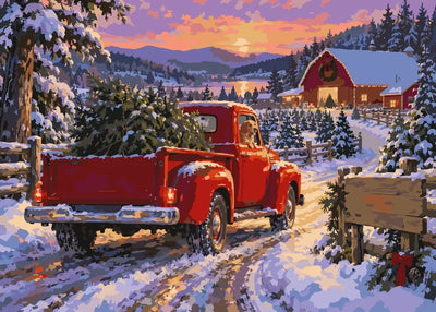 Red pickup truck, Christmas tree, snowy farm paint by numbers.