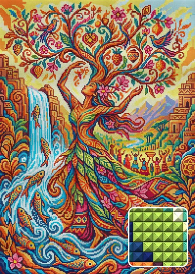 Tree of Life Goddess Fantasy, 50x70 cm diamond painting – finished design preview with a close-up of square drills