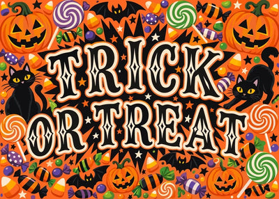 Trick or Treat Halloween paint by numbers with black cats, pumpkins, bats, and candies.