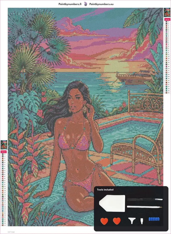 Tropical Bikini diamond painting canvas 50x70cm with included tools - diamond pen, wax, sorting tray, and tweezers