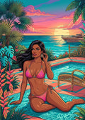 Thumbnail for Diamond painting of a woman sitting on the edge of a tropical pool at sunset.