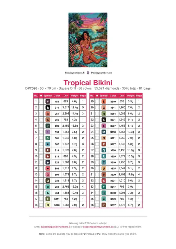 Tropical Bikini diamond painting color chart – 36 DMC colors