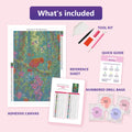 Thumbnail for What is included in the Tropical Birds in Lush Jungle diamond painting kit - adhesive canvas, reference sheet, tools and numbered drill bags
