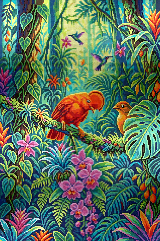 Tropical Birds in Lush Jungle, 40x60 cm diamond painting – full design preview without the close-up inset