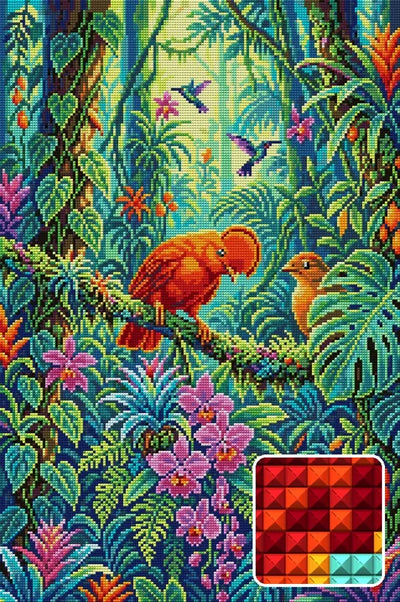 Tropical Birds in Lush Jungle, 40x60 cm diamond painting – finished design preview with a close-up of square drills
