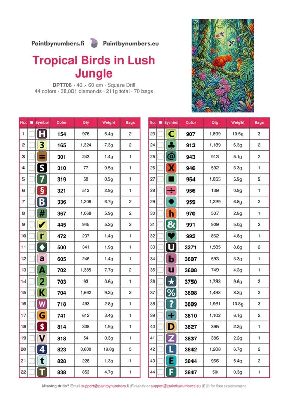 DMC color chart for Tropical Birds in Lush Jungle diamond painting - 44 colors