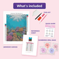 Thumbnail for Coral Reef Life 30x40cm diamond painting kit contents: adhesive canvas, color chart, tools and diamond bags