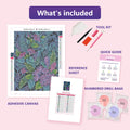 Thumbnail for What is included in the Tropical Foliage diamond painting kit - adhesive canvas, reference sheet, tools and numbered drill bags