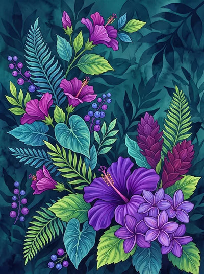 Diamond Painting of tropical flowers and leaves, featuring rich purple and green tones.