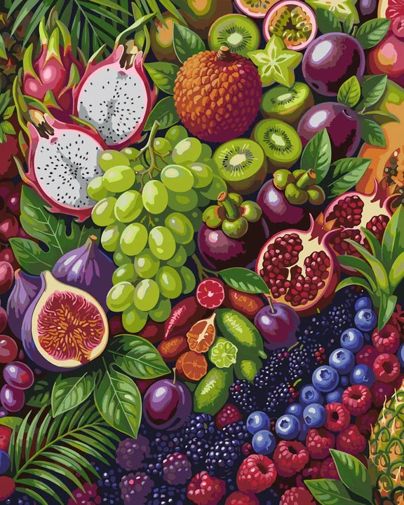 Tropical fruits and berries paint by numbers. Colorful, detailed food-themed painting kit.