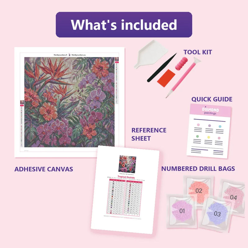 What is included in the Tropical Orchids diamond painting kit - adhesive canvas, reference sheet, tools and numbered drill bags