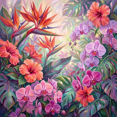 Diamond Painting of tropical hibiscus and orchids among colorful leaves.