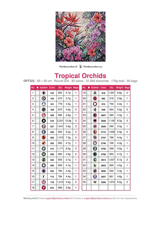 DMC color chart for Tropical Orchids diamond painting - 35 colors