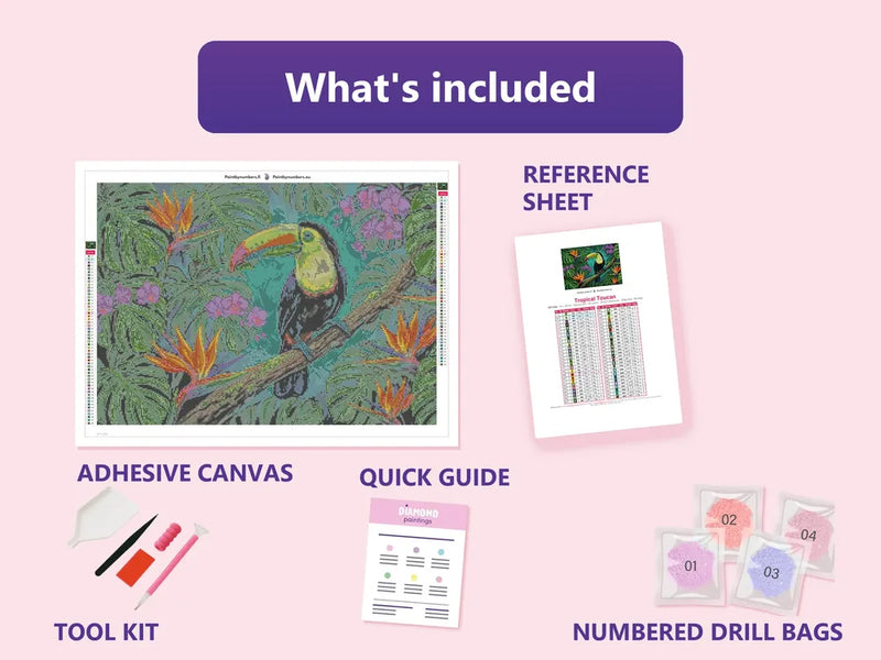 What is included in the Tropical Toucan diamond painting kit - adhesive canvas, reference sheet, tools and numbered drill bags