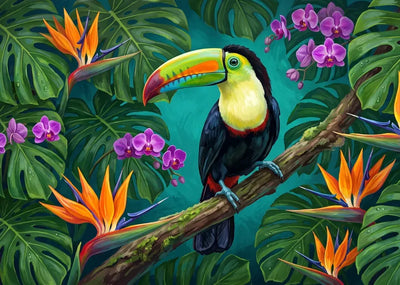 Diamond Painting with a tropical toucan on a branch, surrounded by orange and purple flowers and green leaves.