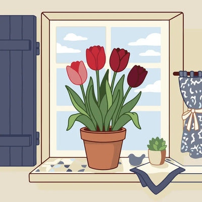 Tulips in a flowerpot on windowsill paint by numbers.