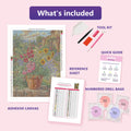 Thumbnail for What is included in the Tuscan Garden Flower Pot diamond painting kit - adhesive canvas, reference sheet, tools and numbered drill bags