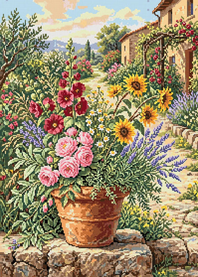 Diamond painting-motiv med en lerkruka med rosor, solrosor, prästkragar och lavendel