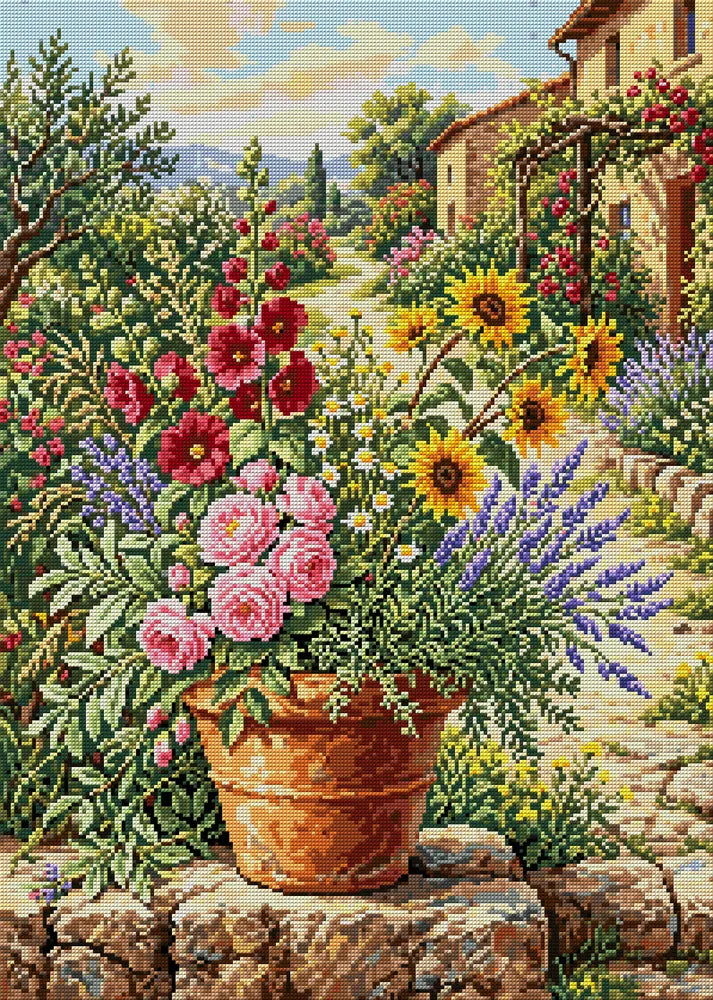 Tuscan Garden Flower Pot, 50x70 cm diamond painting – full design preview without the close-up inset