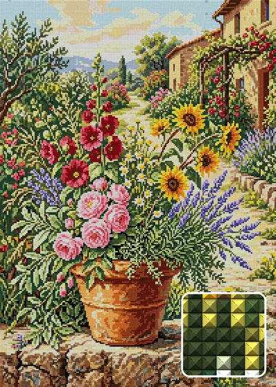Tuscan Garden Flower Pot, 50x70 cm diamond painting – finished design preview with a close-up of square drills