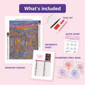 Thumbnail for What is included in the Tuscan Village at Sunset diamond painting kit - adhesive canvas, reference sheet, tools and numbered drill bags