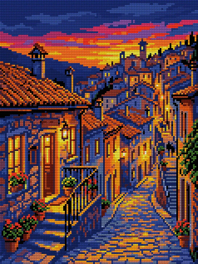 Tuscan Village at Sunset, 30x40 cm diamond painting – full design preview without the close-up inset