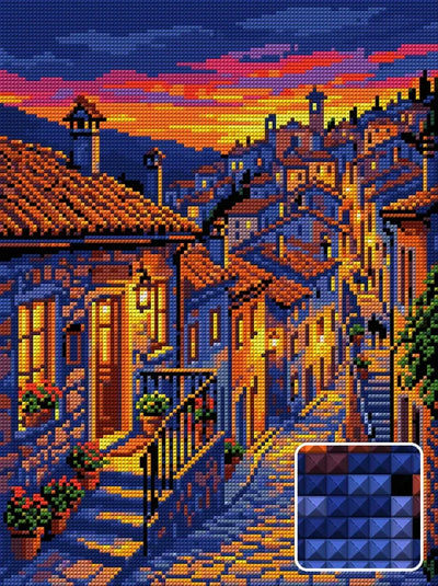 Tuscan Village at Sunset, 30x40 cm diamond painting – finished design preview with a close-up of square drills
