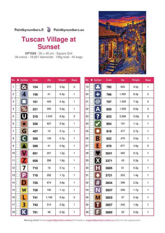 DMC color chart for Tuscan Village at Sunset diamond painting - 36 colors