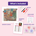 Thumbnail for What is included in the Two Cocktails and a Vinyl Evening diamond painting kit - adhesive canvas, reference sheet, tools and numbered drill bags