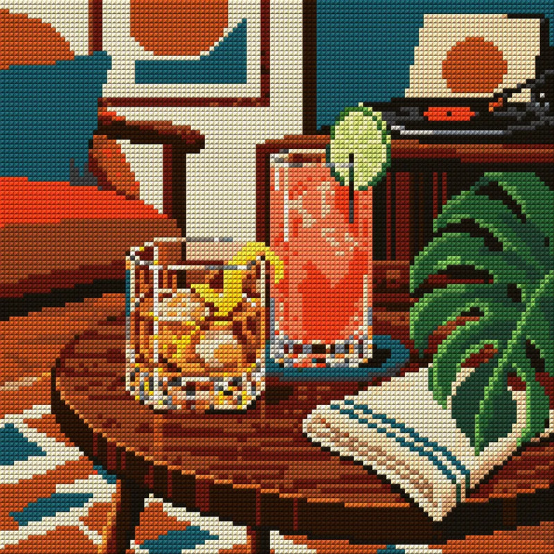 Two Cocktails and a Vinyl Evening, 30x30 cm diamond painting – full design preview without the close-up inset