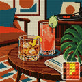 Thumbnail for Two Cocktails and a Vinyl Evening, 30x30 cm diamond painting – finished design preview with a close-up of square drills