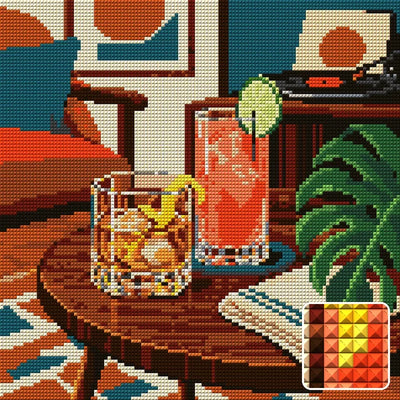 Two Cocktails and a Vinyl Evening, 30x30 cm diamond painting – finished design preview with a close-up of square drills