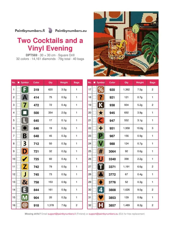 DMC color chart for Two Cocktails and a Vinyl Evening diamond painting - 32 colors