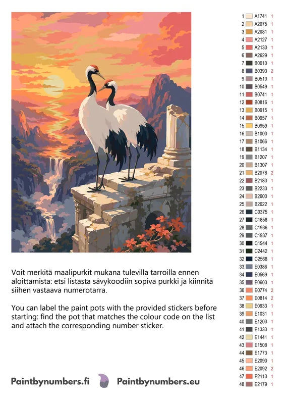 Color chart and instructions - Two Cranes at Sunset 60x80cm