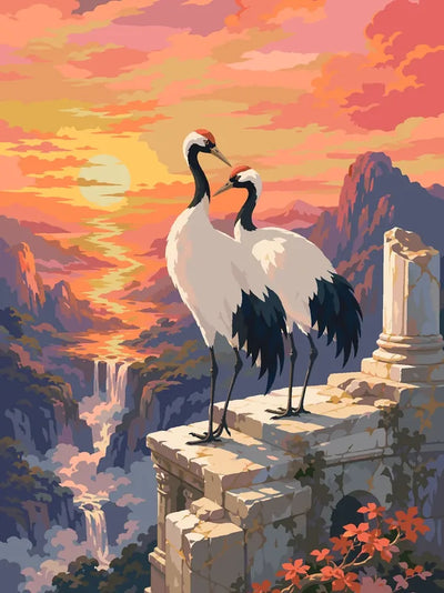 Two cranes on the ruins at sunset Paint By Numbers
