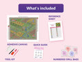 Thumbnail for What is included in the Two Halves of a Bouquet diamond painting kit - adhesive canvas, reference sheet, tools and numbered drill bags
