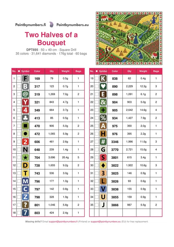 DMC color chart for Two Halves of a Bouquet diamond painting - 35 colors