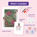 Thumbnail for What is included in the Two Roses and a Ladybird diamond painting kit - adhesive canvas, reference sheet, tools and numbered drill bags