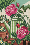Miniatyrbild: Diamond painting-motiv med en grönrandig vattenkanna med en nyckelpiga bland rosa rosor