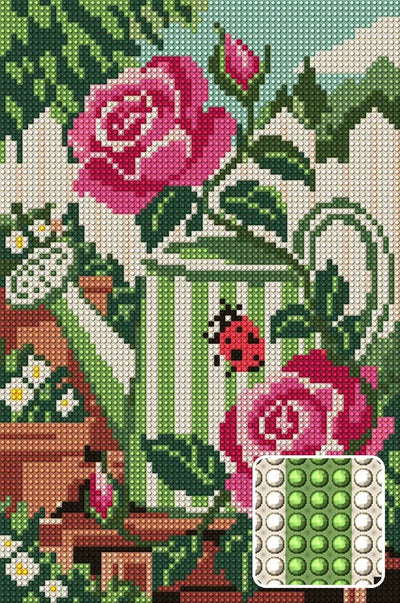 Two Roses and a Ladybird, 20x30 cm diamond painting – finished design preview with a close-up of round drills