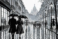 Miniatyrbild: Förhandsvisning: en regnig Parisgata med paraplyer och en kupolbyggnad i gråskala