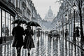 Thumbnail for black-and-white rainy Paris street with umbrellas, 60x40 cm diamond painting – full design preview