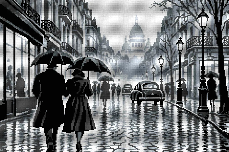 black-and-white rainy Paris street with umbrellas, 60x40 cm diamond painting – full design preview