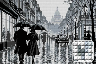 black-and-white rainy Paris street with umbrellas, 60x40 cm diamond painting – design and close-up of square drills