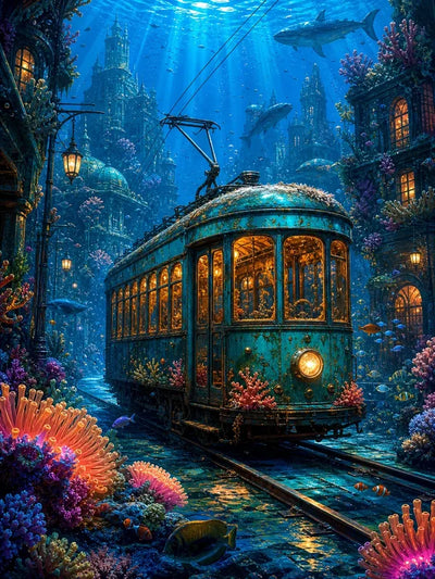 Diamond Painting underwater city, tram, corals, fish, and sharks.