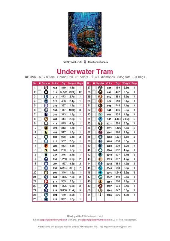 DMC color chart for Underwater Tram diamond painting - 51 colors