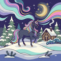 Thumbnail for Unicorn, winter cabin and moon paint by numbers. Pastel colors, snowy forest.