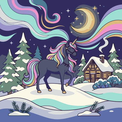 Unicorn, winter cabin and moon paint by numbers. Pastel colors, snowy forest.