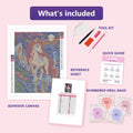 Thumbnail for What is included in the Unicorn at the Crystal Ford diamond painting kit - adhesive canvas, reference sheet, tools and numbered drill bags