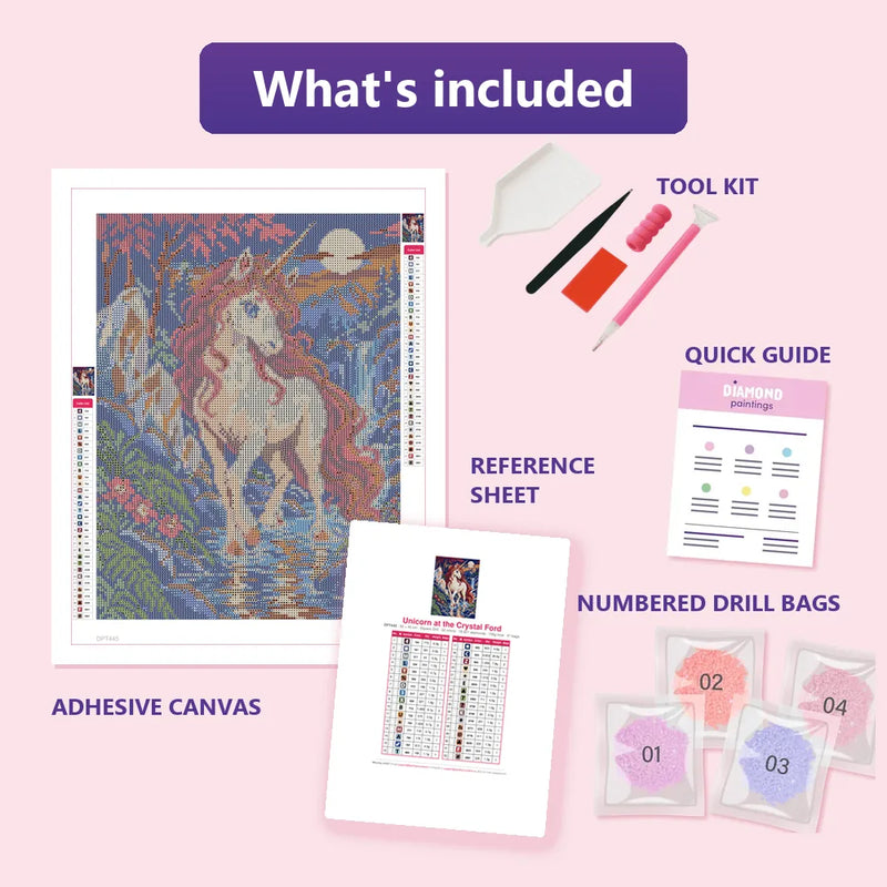 What is included in the Unicorn at the Crystal Ford diamond painting kit - adhesive canvas, reference sheet, tools and numbered drill bags